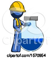Poster, Art Print Of Blue Construction Worker Contractor Man Standing Beside Large Round Flask Or Beaker