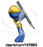 Poster, Art Print Of Blue Construction Worker Contractor Man Stabbing Or Cutting With Scalpel