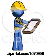 Poster, Art Print Of Blue Construction Worker Contractor Man Using Clipboard And Pencil