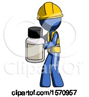 Blue Construction Worker Contractor Man Holding White Medicine Bottle