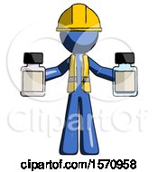 Poster, Art Print Of Blue Construction Worker Contractor Man Holding Two Medicine Bottles