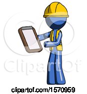 Poster, Art Print Of Blue Construction Worker Contractor Man Reviewing Stuff On Clipboard