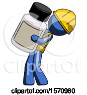 Blue Construction Worker Contractor Man Holding Large White Medicine Bottle