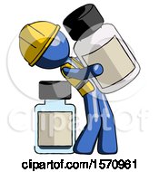 Blue Construction Worker Contractor Man Holding Large White Medicine Bottle With Bottle In Background
