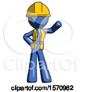 Poster, Art Print Of Blue Construction Worker Contractor Man Waving Left Arm With Hand On Hip