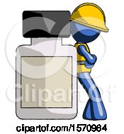 Blue Construction Worker Contractor Man Leaning Against Large Medicine Bottle