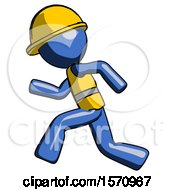Poster, Art Print Of Blue Construction Worker Contractor Man Running Fast Left