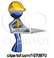 Blue Construction Worker Contractor Man Walking With Large Thermometer