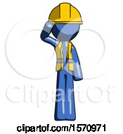Poster, Art Print Of Blue Construction Worker Contractor Man Soldier Salute Pose
