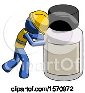 Poster, Art Print Of Blue Construction Worker Contractor Man Pushing Large Medicine Bottle