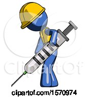 Poster, Art Print Of Blue Construction Worker Contractor Man Using Syringe Giving Injection