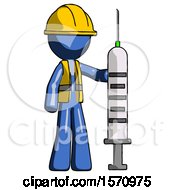 Blue Construction Worker Contractor Man Holding Large Syringe