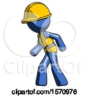 Poster, Art Print Of Blue Construction Worker Contractor Man Suspense Action Pose Facing Left