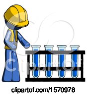 Poster, Art Print Of Blue Construction Worker Contractor Man Using Test Tubes Or Vials On Rack