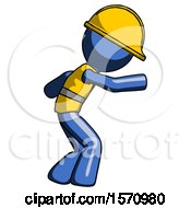 Poster, Art Print Of Blue Construction Worker Contractor Man Sneaking While Reaching For Something