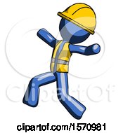 Poster, Art Print Of Blue Construction Worker Contractor Man Running Away In Hysterical Panic Direction Left