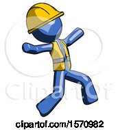 Poster, Art Print Of Blue Construction Worker Contractor Man Running Away In Hysterical Panic Direction Right