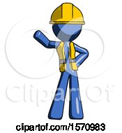 Poster, Art Print Of Blue Construction Worker Contractor Man Waving Right Arm With Hand On Hip