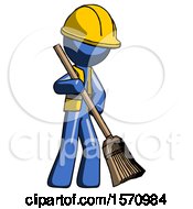 Poster, Art Print Of Blue Construction Worker Contractor Man Sweeping Area With Broom