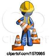 Poster, Art Print Of Blue Construction Worker Contractor Man Holding A Traffic Cone