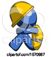 Blue Construction Worker Contractor Man Sitting With Head Down Facing Sideways Left