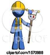 Poster, Art Print Of Blue Construction Worker Contractor Man Holding Jester Staff