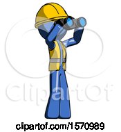 Poster, Art Print Of Blue Construction Worker Contractor Man Looking Through Binoculars To The Right