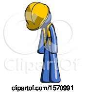 Poster, Art Print Of Blue Construction Worker Contractor Man Depressed With Head Down Turned Left
