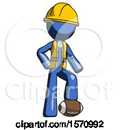 Poster, Art Print Of Blue Construction Worker Contractor Man Standing With Foot On Football