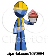 Poster, Art Print Of Blue Construction Worker Contractor Man Presenting Pink Cupcake To Viewer