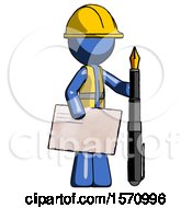 Poster, Art Print Of Blue Construction Worker Contractor Man Holding Large Envelope And Calligraphy Pen