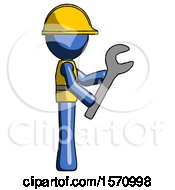 Blue Construction Worker Contractor Man Using Wrench Adjusting Something To Right