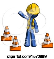 Poster, Art Print Of Blue Construction Worker Contractor Man Standing By Traffic Cones Waving