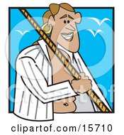 Male Sailor With An Open Shirt Holding Onto A Rope While Seagulls Fly Above Clipart Illustration by Andy Nortnik