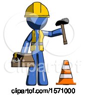 Poster, Art Print Of Blue Construction Worker Contractor Man Under Construction Concept Traffic Cone And Tools