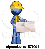 Poster, Art Print Of Blue Construction Worker Contractor Man Presenting Large Envelope