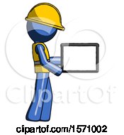 Poster, Art Print Of Blue Construction Worker Contractor Man Show Tablet Device Computer To Viewer Blank Area