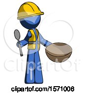 Blue Construction Worker Contractor Man With Empty Bowl And Spoon Ready To Make Something