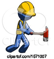 Poster, Art Print Of Blue Construction Worker Contractor Man With Ax Hitting Striking Or Chopping