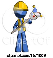 Blue Construction Worker Contractor Man Holding Jester Diagonally
