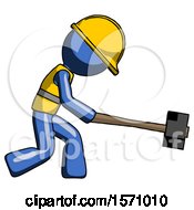 Poster, Art Print Of Blue Construction Worker Contractor Man Hitting With Sledgehammer Or Smashing Something