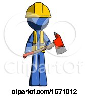 Poster, Art Print Of Blue Construction Worker Contractor Man Holding Red Fire Fighters Ax
