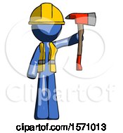 Poster, Art Print Of Blue Construction Worker Contractor Man Holding Up Red Firefighters Ax