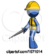 Poster, Art Print Of Blue Construction Worker Contractor Man With Sword Walking Confidently