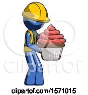 Poster, Art Print Of Blue Construction Worker Contractor Man Holding Large Cupcake Ready To Eat Or Serve