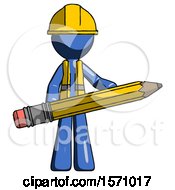 Poster, Art Print Of Blue Construction Worker Contractor Man Writer Or Blogger Holding Large Pencil