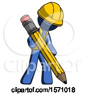 Poster, Art Print Of Blue Construction Worker Contractor Man Writing With Large Pencil
