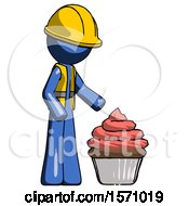Poster, Art Print Of Blue Construction Worker Contractor Man With Giant Cupcake Dessert