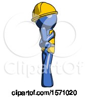 Poster, Art Print Of Blue Construction Worker Contractor Man Thinking Wondering Or Pondering