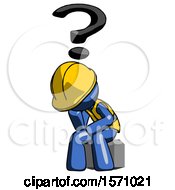 Poster, Art Print Of Blue Construction Worker Contractor Man Thinker Question Mark Concept